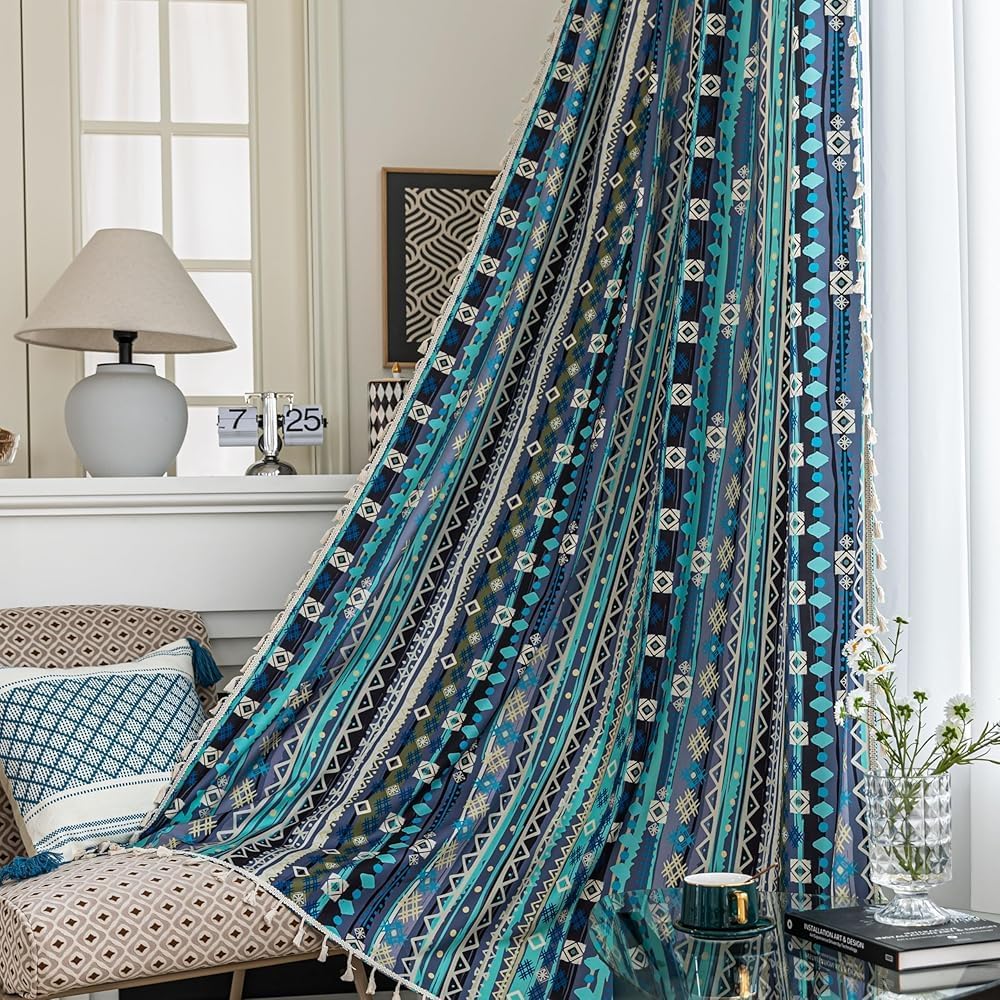 Boho Geometric Curtains | Colorful Striped Print | Light Filtering | Rod Pocket | 2 Panels, 52"W
