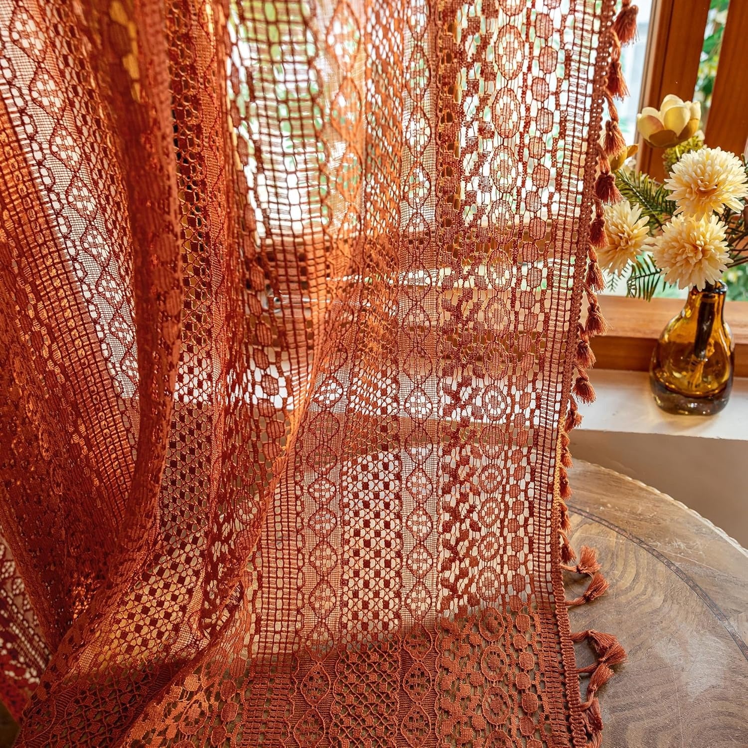 Boho Crochet Lace Curtains | Tassel & Geometry Stripe | Semi-Sheer | Rod Pocket | Terracotta | 2 Panels, 59"W