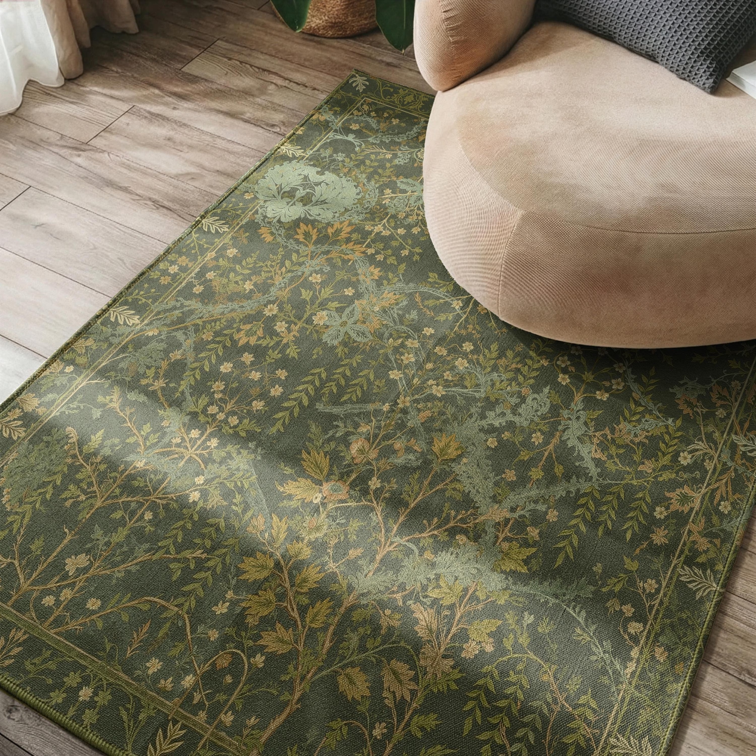 Dark Green Botanical Area Rug | Forest Leaves Arts & Crafts Design | Non-Slip | Multiple Sizes