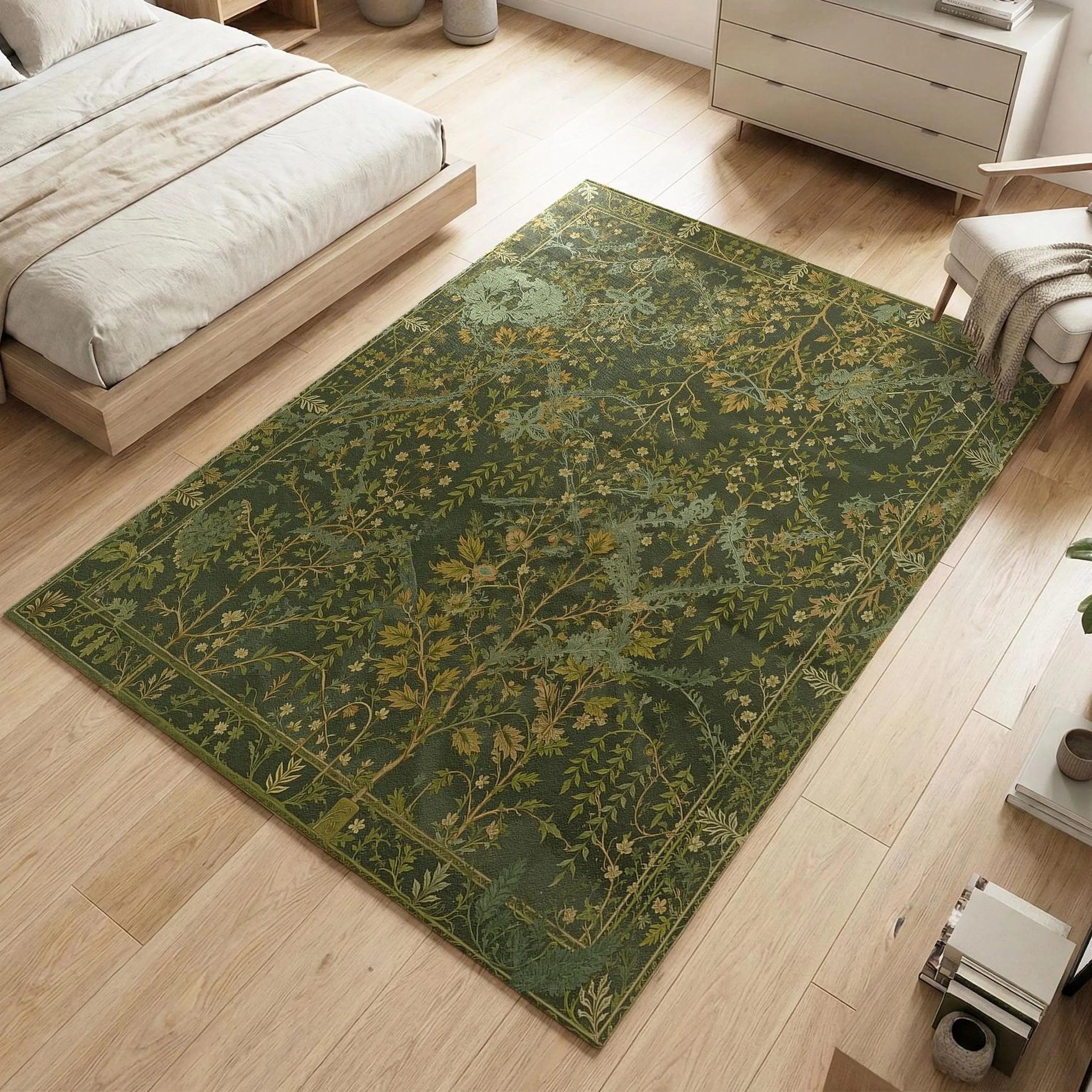 Dark Green Botanical Area Rug | Forest Leaves Arts & Crafts Design | Non-Slip | Multiple Sizes