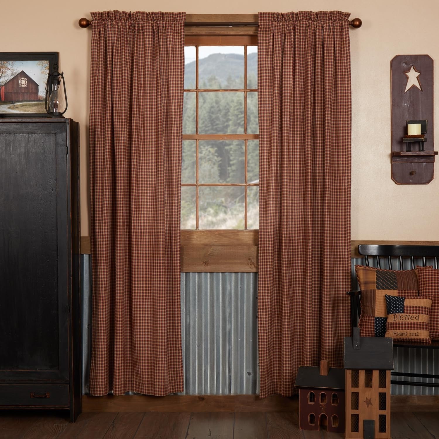 Primitive Plaid Cotton Curtains | Deep Red | Rod Pocket with Tiebacks | Farmhouse Country Style