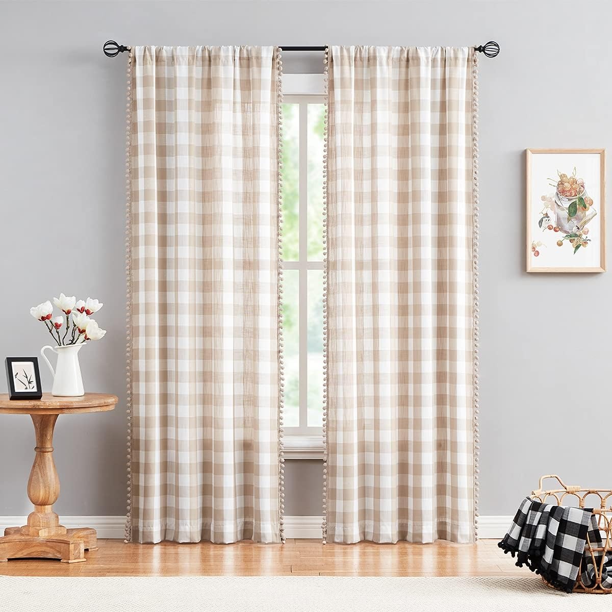 Buffalo Check Curtains with Pom Pom Border | Semi-Sheer Farmhouse Drapes | Taupe & White | Rod Pocket | 2 Panels