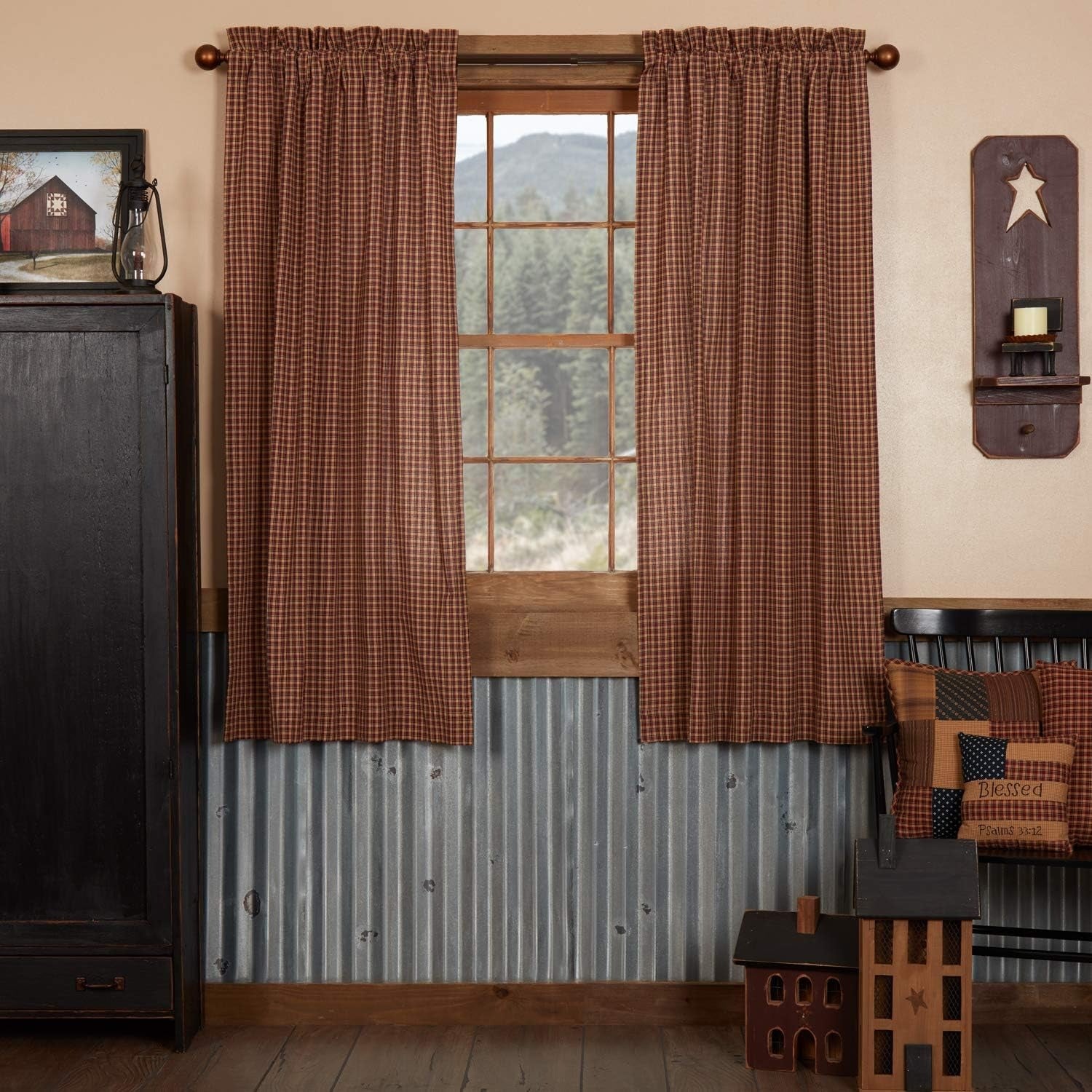 Primitive Plaid Cotton Curtains | Deep Red | Rod Pocket with Tiebacks | Farmhouse Country Style