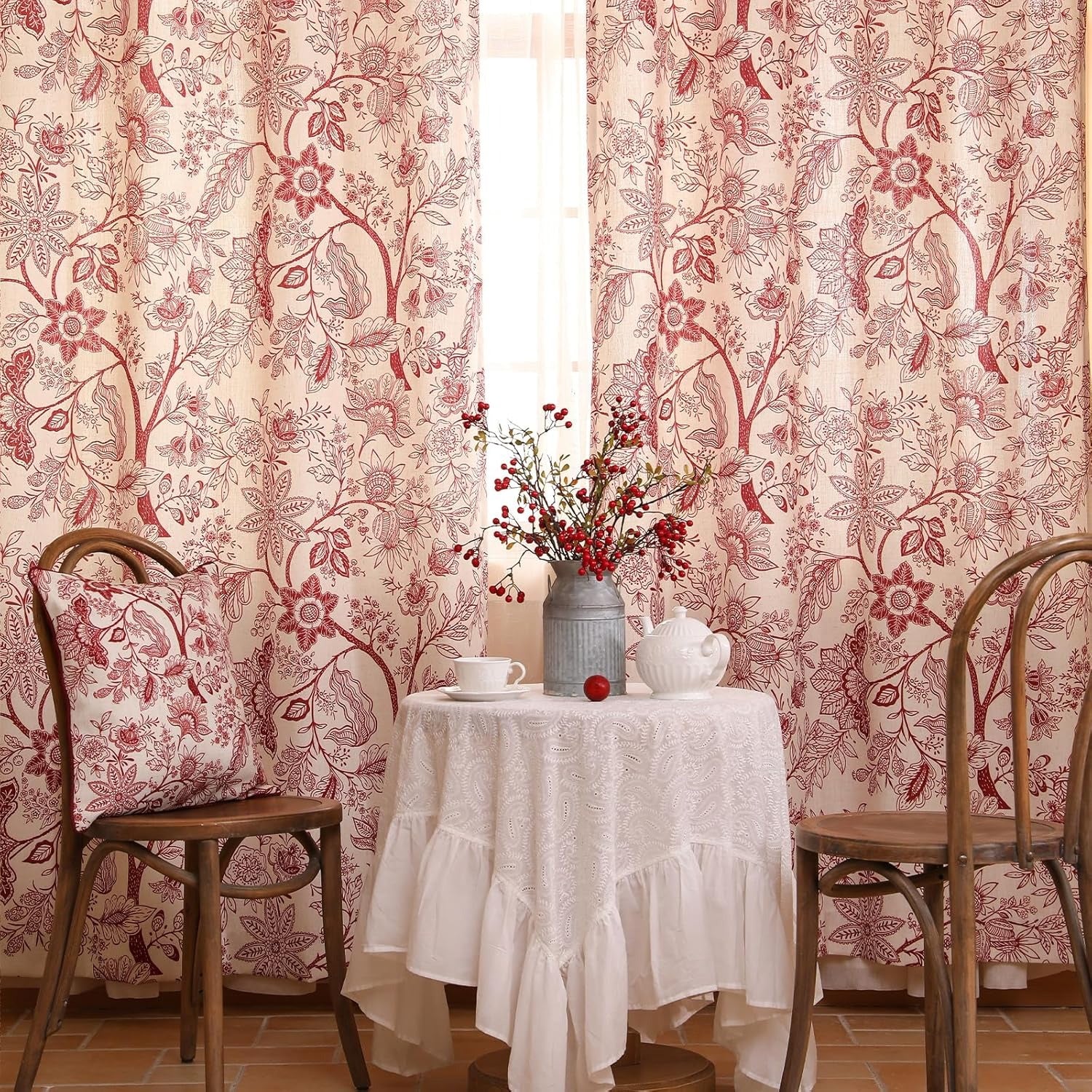 Vintage Linen Semi-Blackout Curtains with Grommets | Red Floral Cottage Style | Living Room, Bedroom & Kitchen | 2 Panels