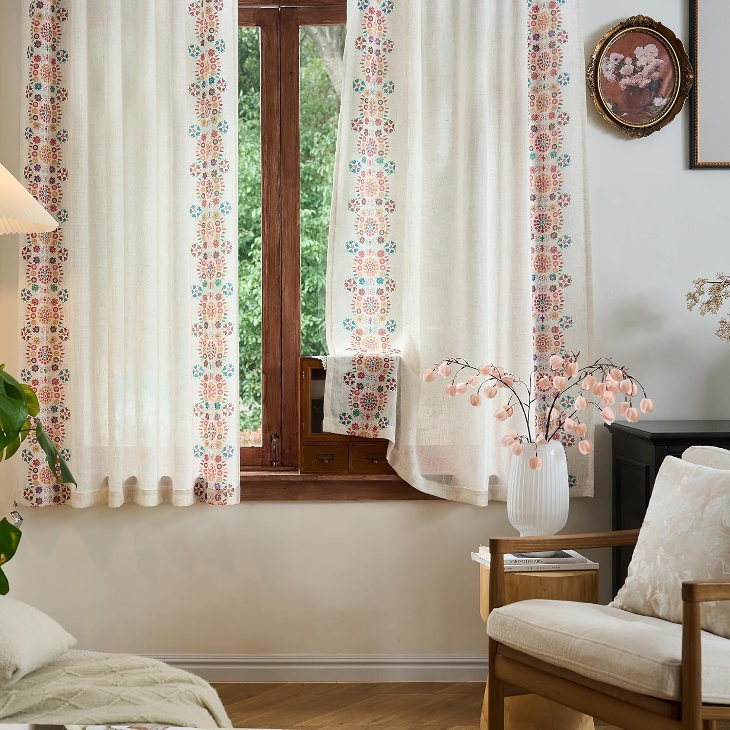 Boho Linen Curtains | Farmhouse Floral Print | Light Filtering | Back Tab & Rod Pocket | 2 Panels, 50"W