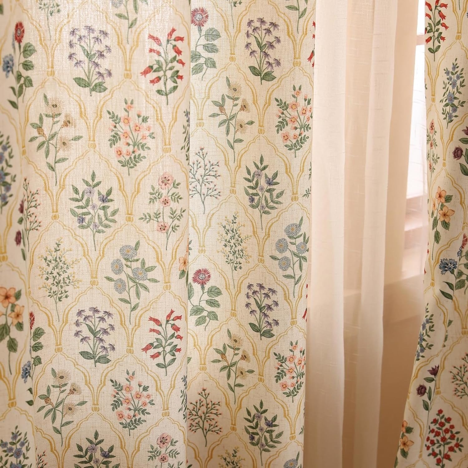 Vintage Semi-Blackout Colorful Floral Curtains with Grommets | Linen Blend | 2 Panels, 53"W × 94"L