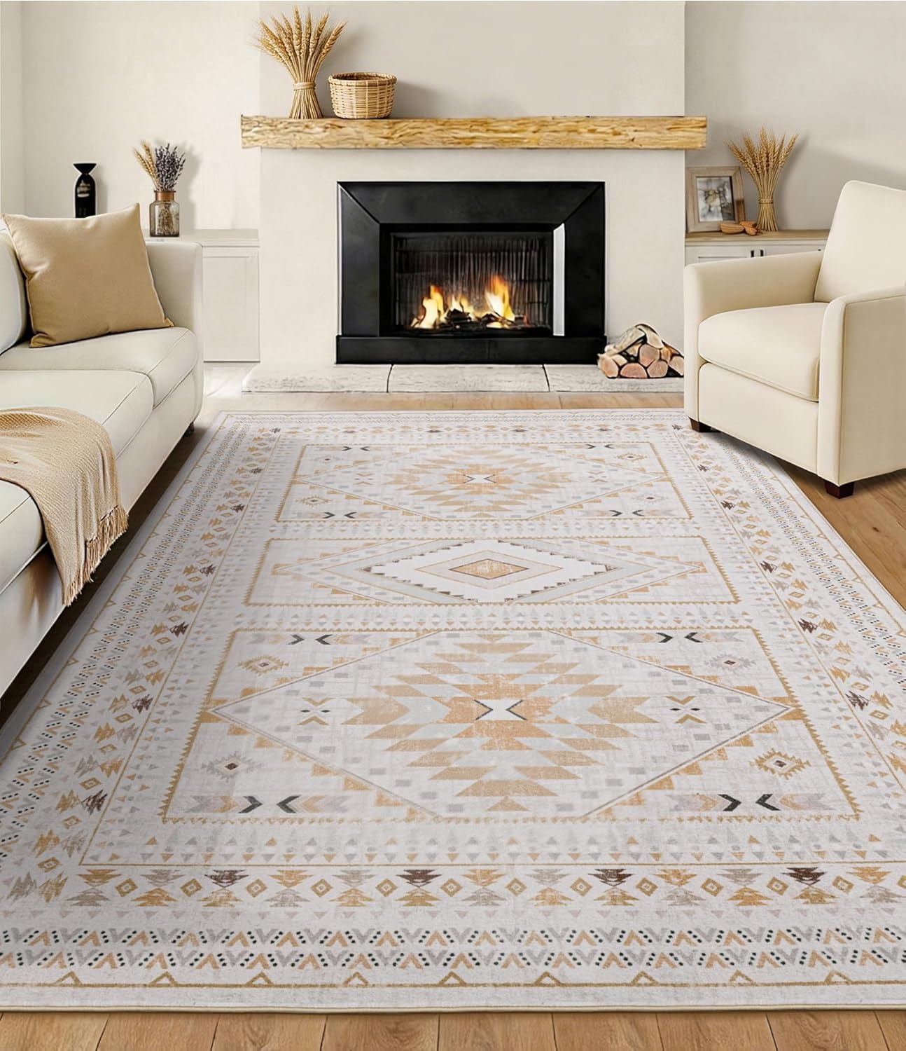 Pink Boho Tribal Area Rug | Geometric Medallion | Washable | Non-Slip | Soft Low Pile | 3 Sizes