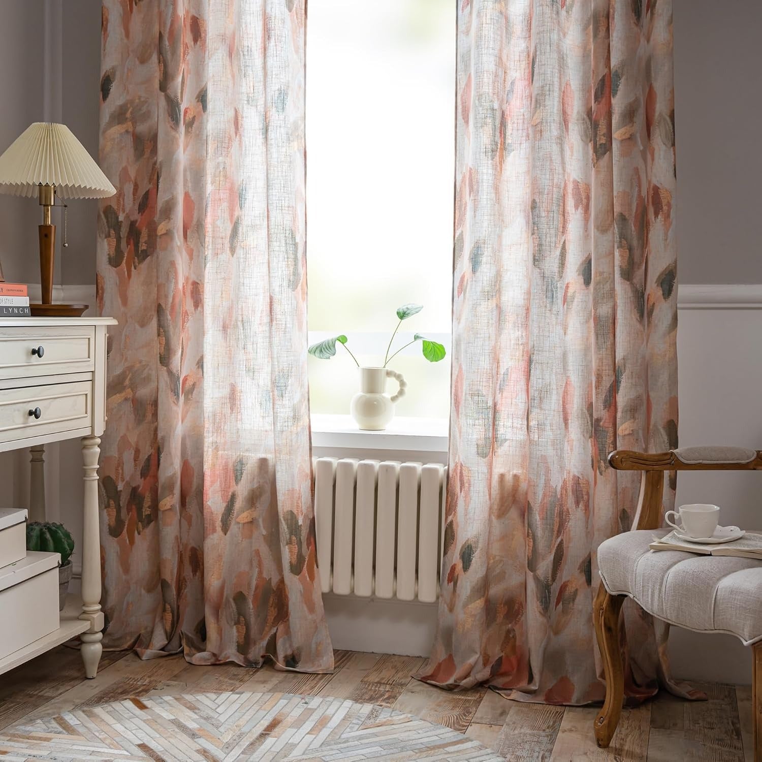 Floral Linen Curtains | Light Filtering Grommet Drapes | Coral & Orange | 52"W × 84"L | 2 Panels