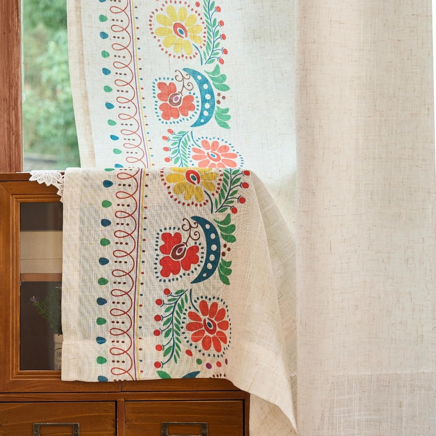 Boho Linen Curtains | Farmhouse Floral Print | Light Filtering | Back Tab & Rod Pocket | 2 Panels, 50"W