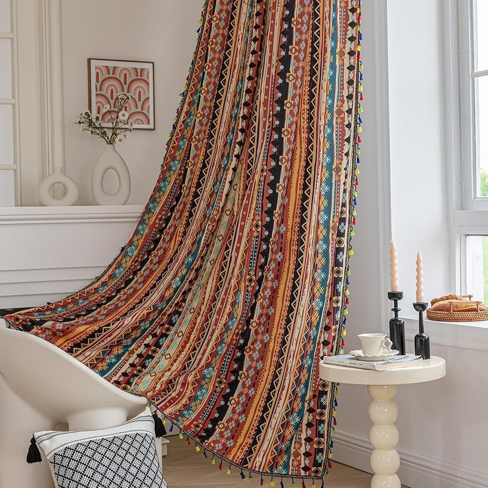 Boho Geometric Curtains | Colorful Striped Print | Light Filtering | Rod Pocket | 2 Panels, 52"W