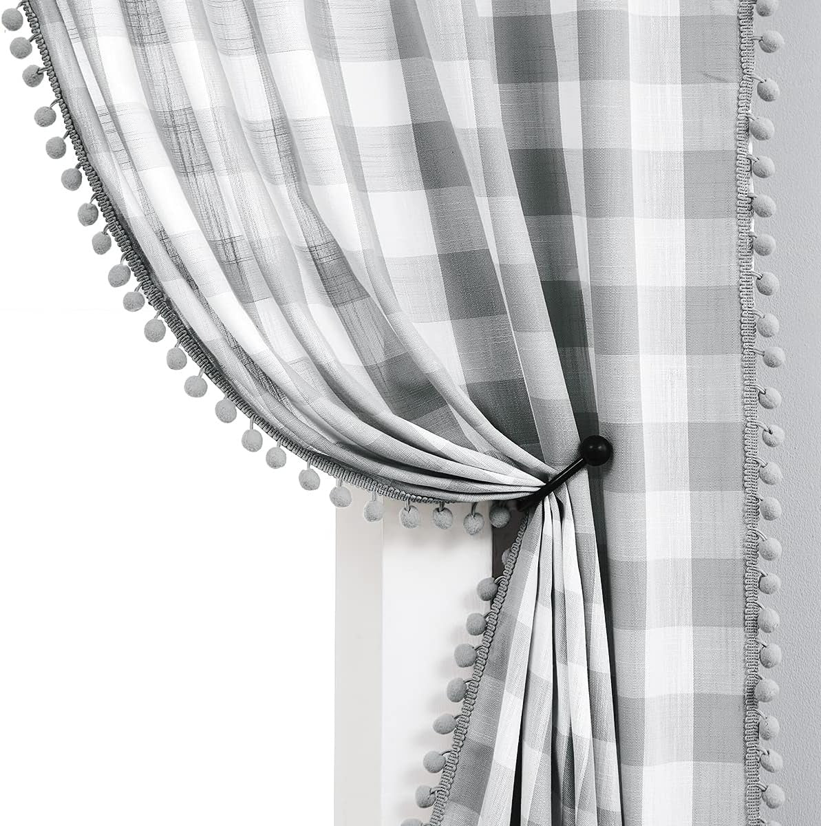 Buffalo Check Curtains with Pom Pom Border | Semi-Sheer Farmhouse Drapes | Taupe & White | Rod Pocket | 2 Panels