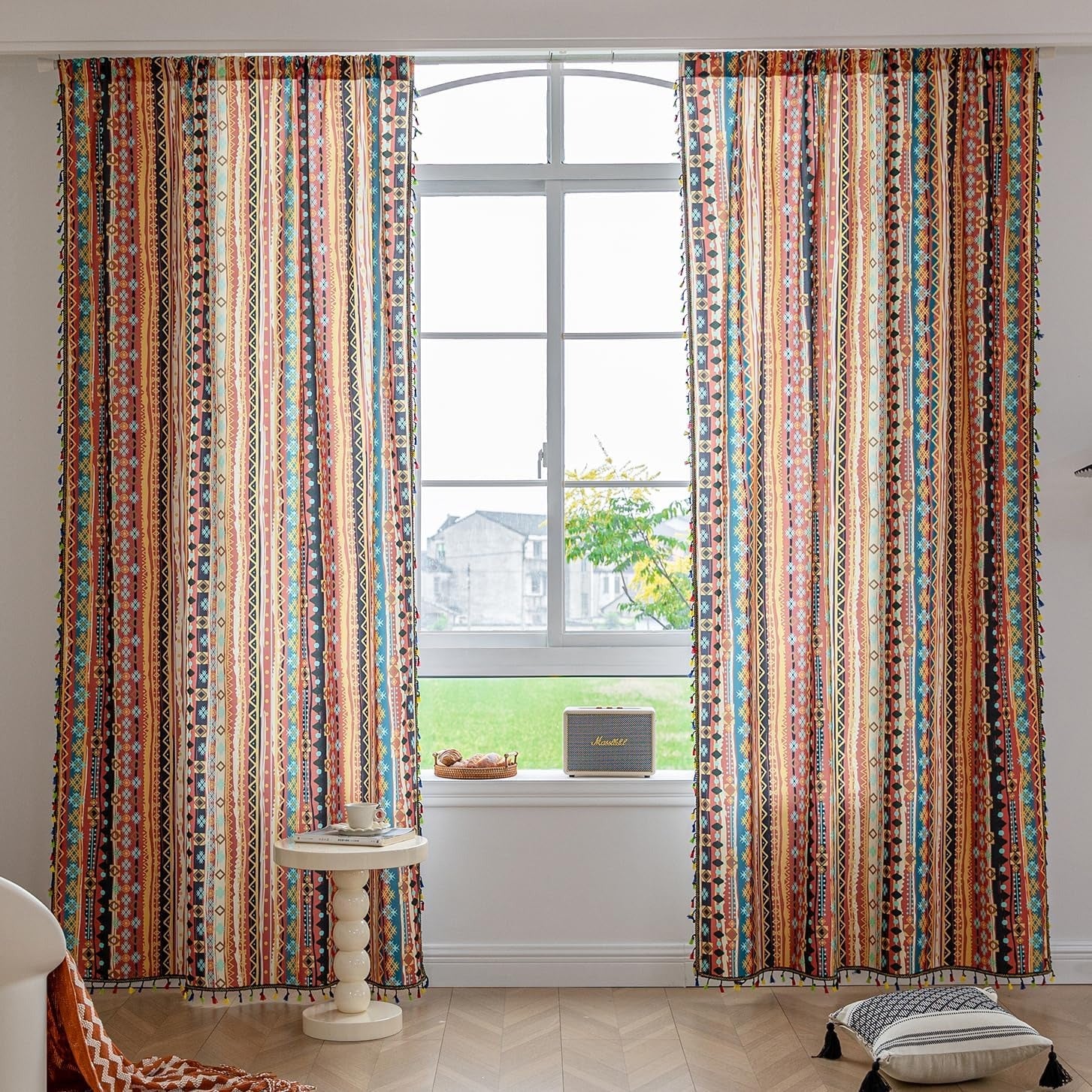 Boho Geometric Curtains | Colorful Striped Print | Light Filtering | Rod Pocket | 2 Panels, 52"W