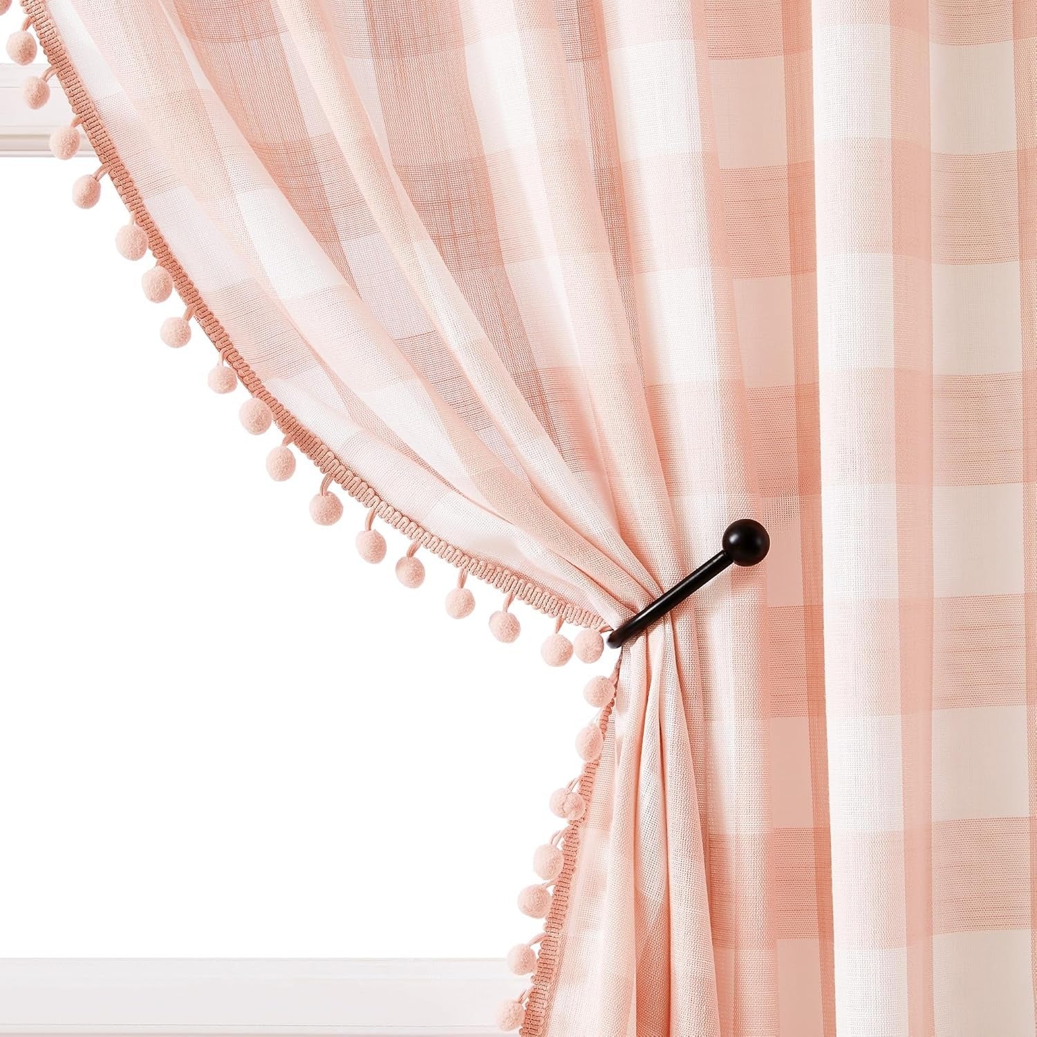 Buffalo Check Curtains with Pom Pom Border | Semi-Sheer Farmhouse Drapes | Taupe & White | Rod Pocket | 2 Panels