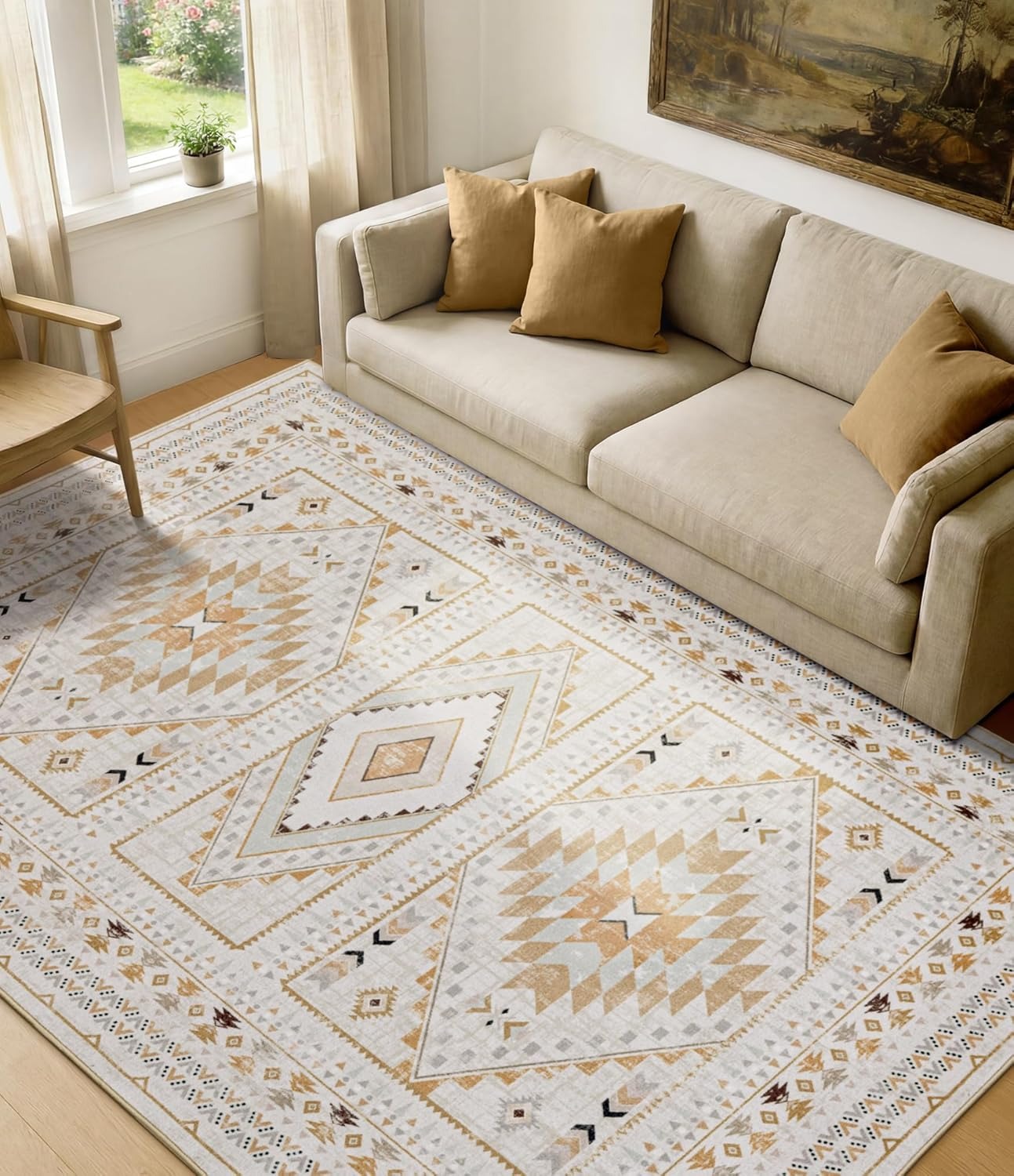 Pink Boho Tribal Area Rug | Geometric Medallion | Washable | Non-Slip | Soft Low Pile | 3 Sizes