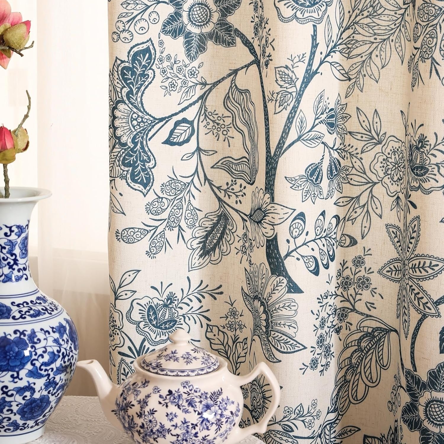 Vintage Linen Semi-Blackout Curtains with Grommets | Red Floral Cottage Style | Living Room, Bedroom & Kitchen | 2 Panels