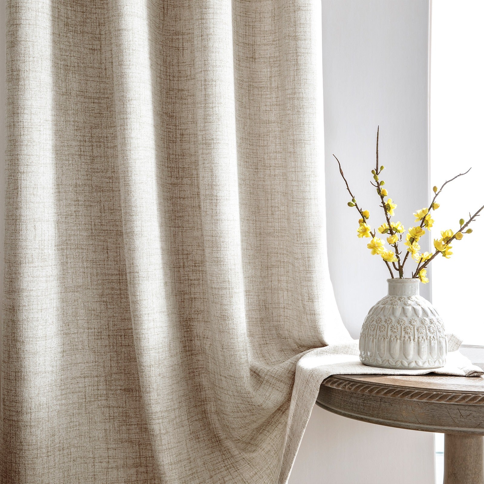 Linen-Look Curtains with Ruffle Tape | Semi-Sheer | Beige | Multiple Sizes | Rod, Hook & Drawstring