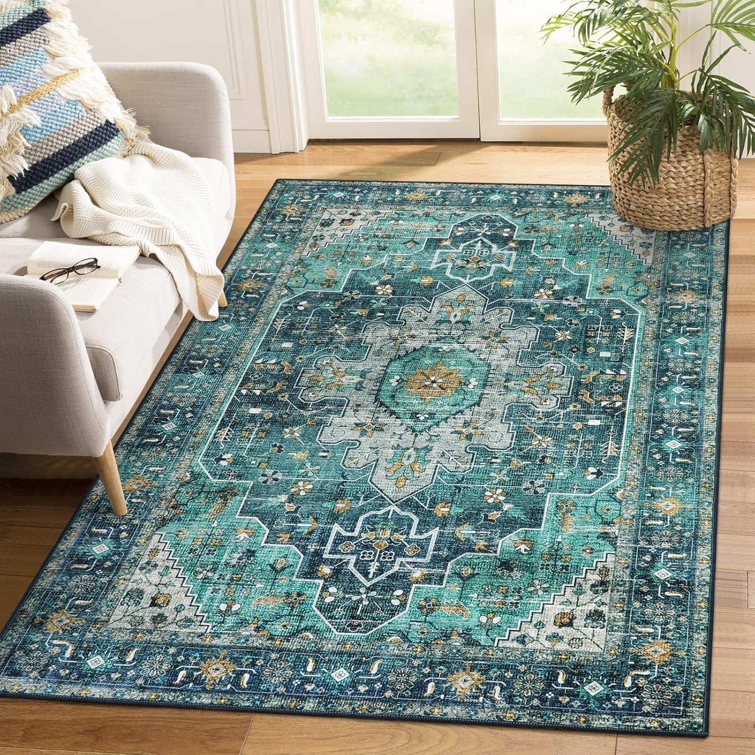 Ultra-Thin Washable Area Rug | Vintage Medallion Print | Non-Slip | Pet Friendly | Multiple Sizes & Colors