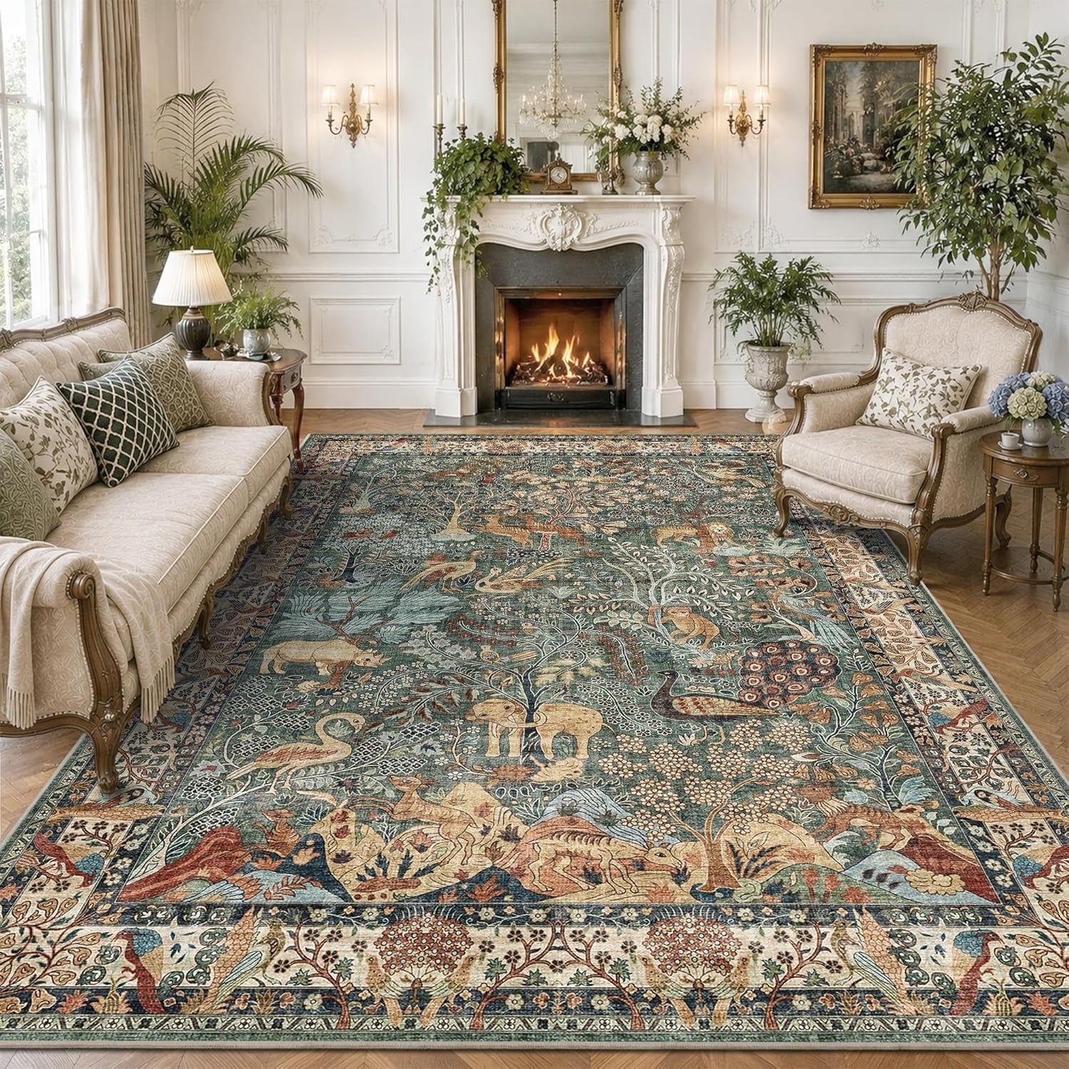 Vintage Animal Print Boho Area Rug | Washable | Non-Slip | Stain Resistant | Low Pile | Multiple Colors & Sizes