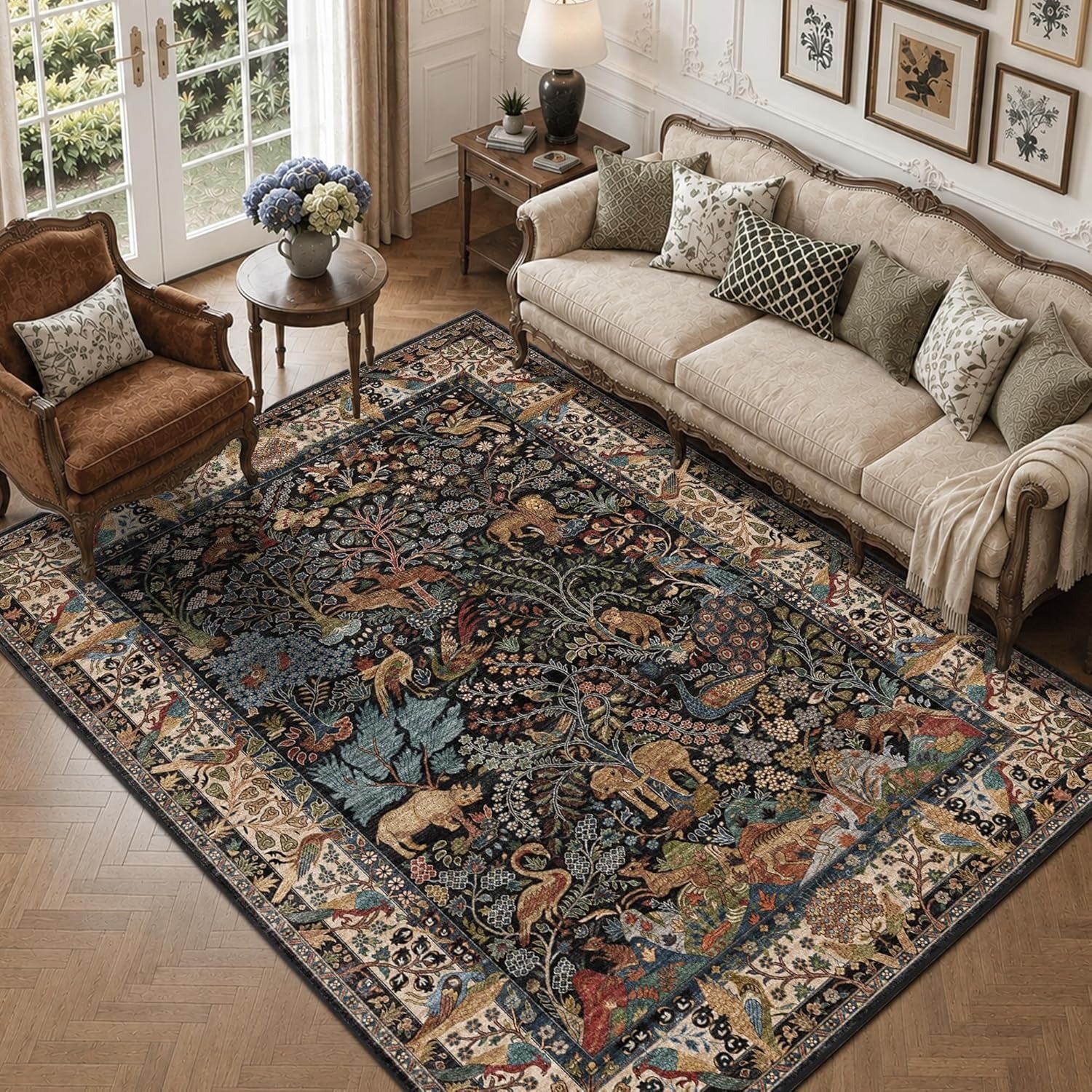 Vintage Animal Print Boho Area Rug | Washable | Non-Slip | Stain Resistant | Low Pile | Multiple Colors & Sizes