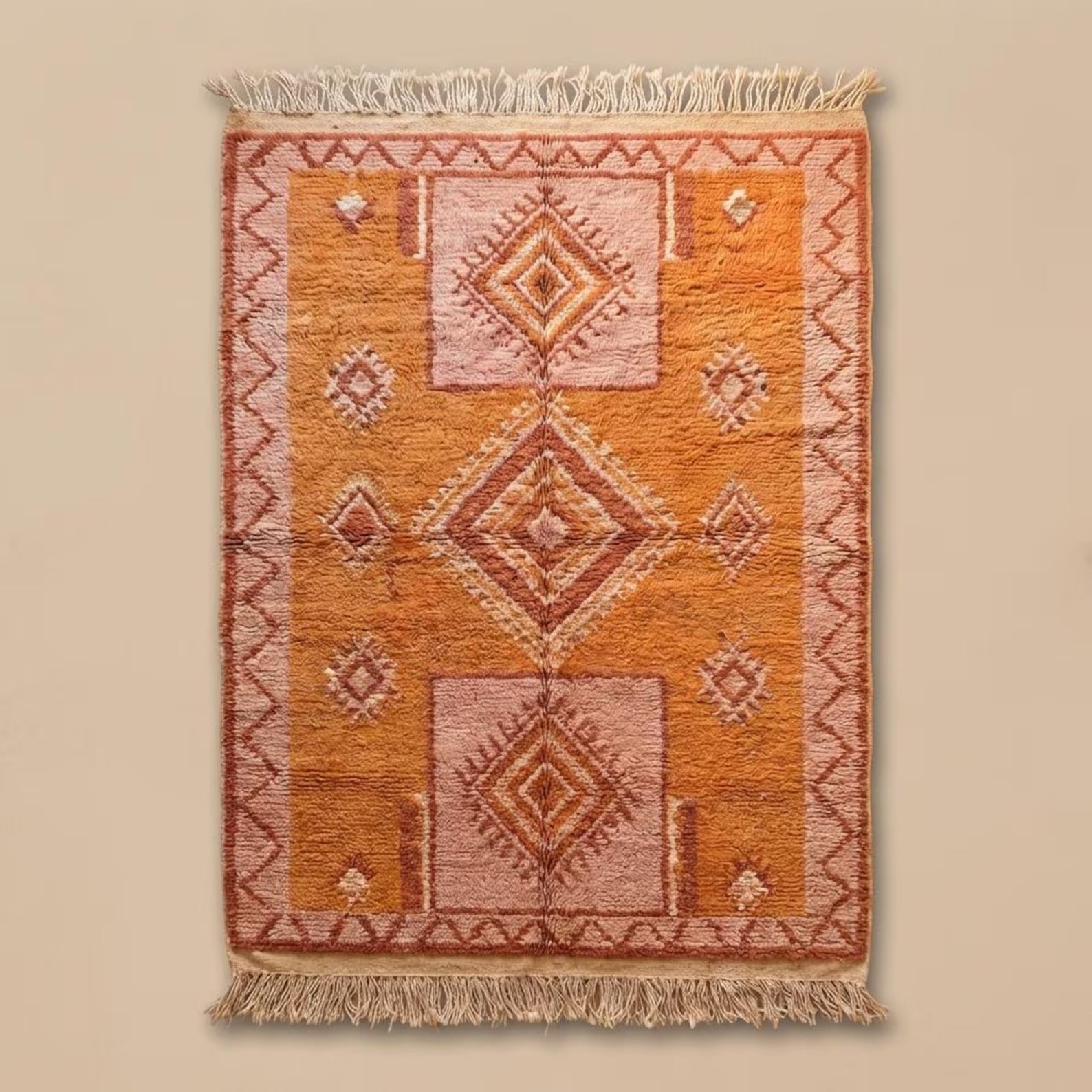 Moroccan Geometric Wool Rug | Terracotta & Blush Diamond Pattern | Boho Area Rug with Fringe