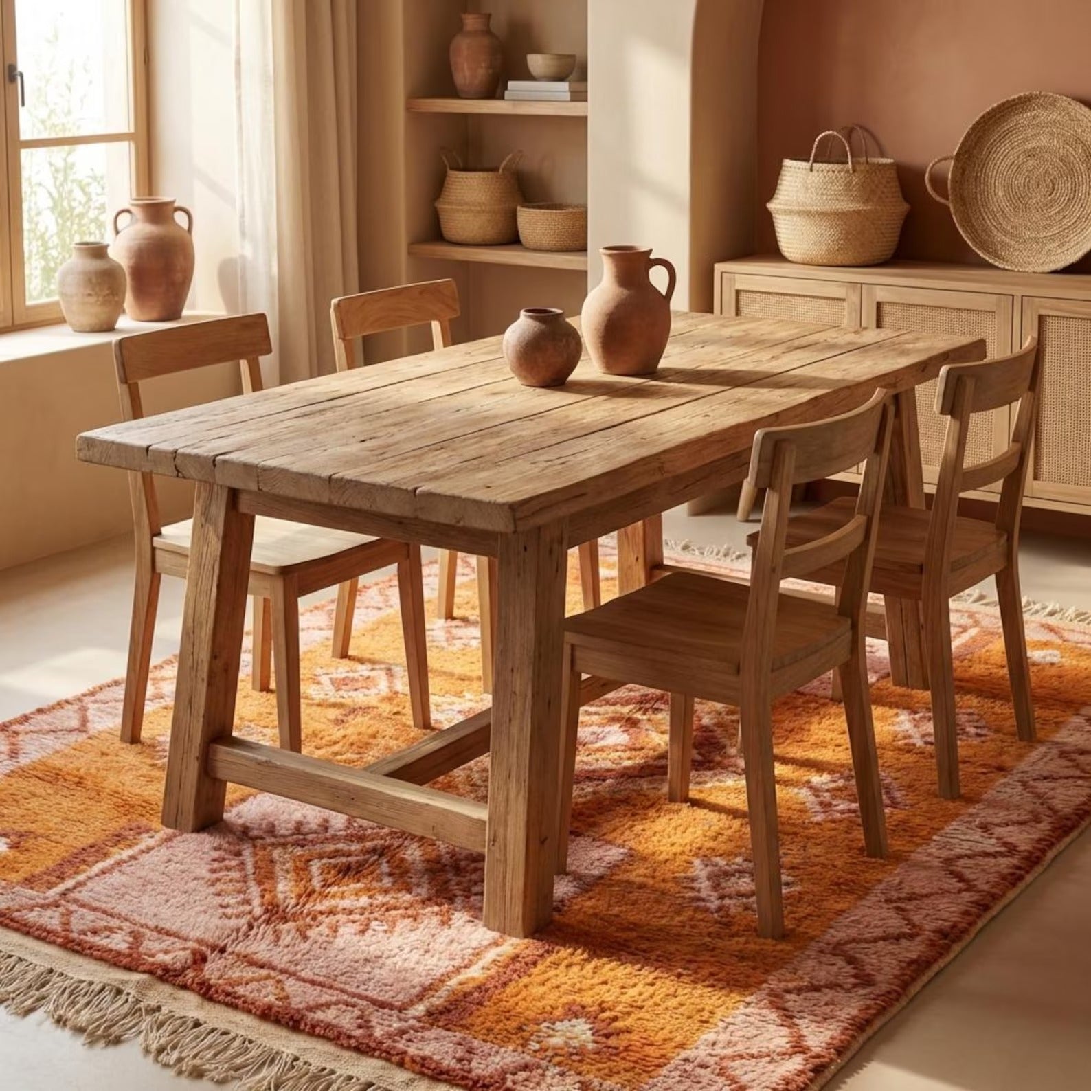 Moroccan Geometric Wool Rug | Terracotta & Blush Diamond Pattern | Boho Area Rug with Fringe