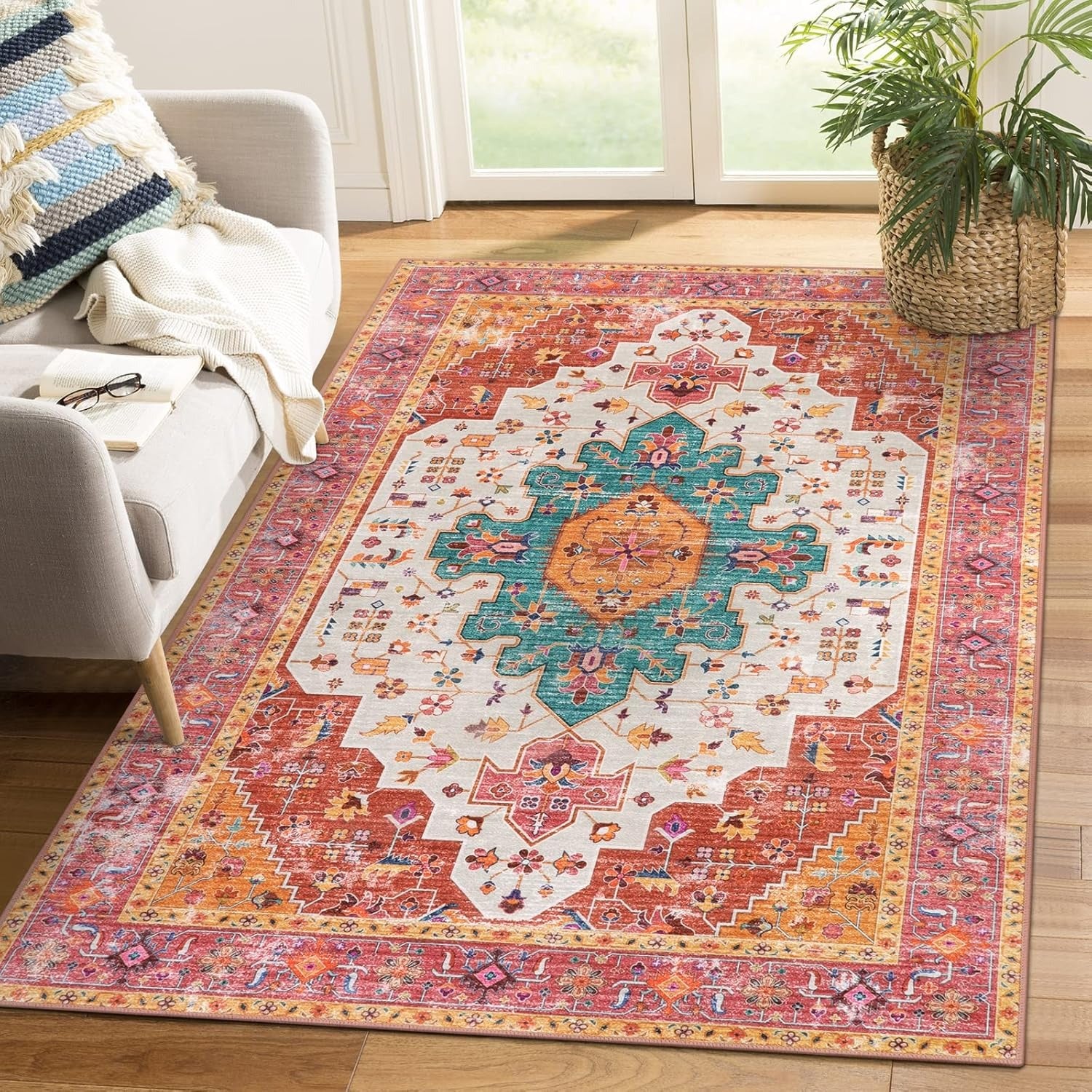 Ultra-Thin Washable Area Rug | Vintage Medallion Print | Non-Slip | Pet Friendly | Multiple Sizes & Colors